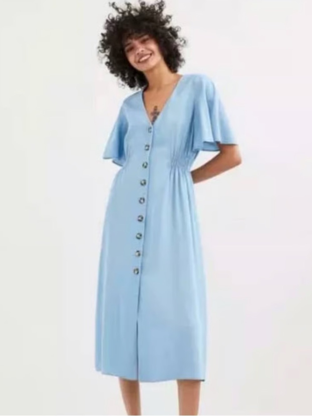 Zara Light Blue Lyocell Button-Front Midi Dress XS